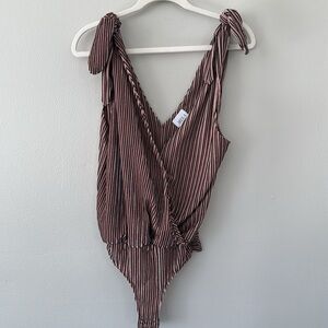 Revolve x Misa Los Angeles V Neck Tie Bodysuit in Velvet Stripe